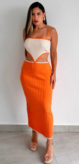 Tropical Dream Orange Knit Midi Dress