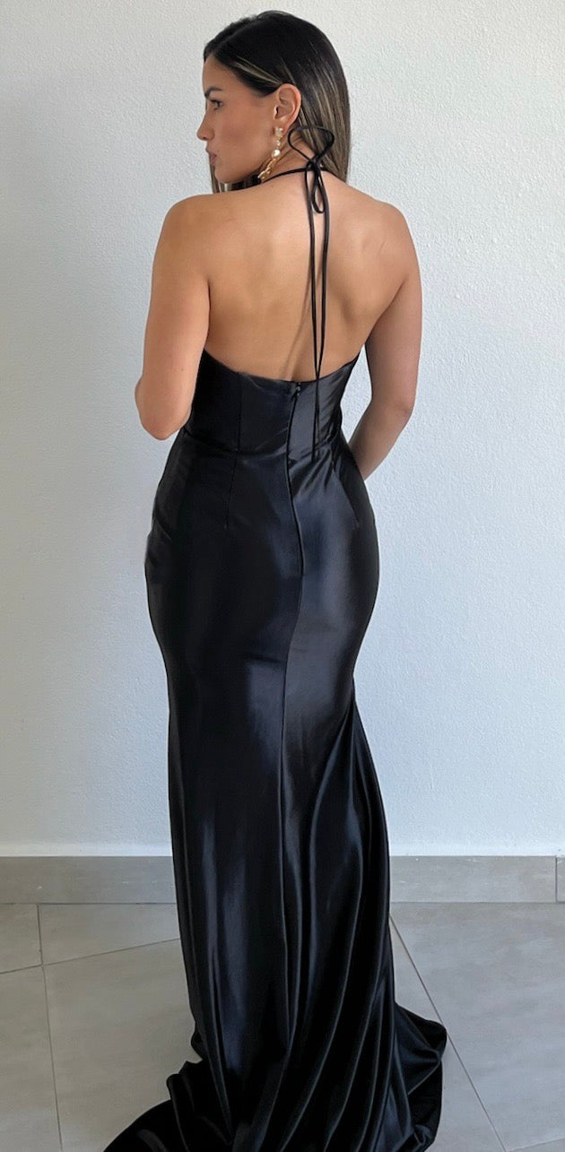 Glamorous Sweetheart Black Satin Corset Gown