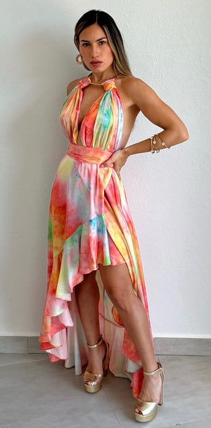 Perfect Aura Print Satin High-Low Maxi Dress