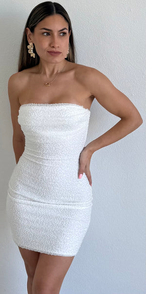 Delicate Destiny White Beads Mini Dress