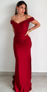Glamorous Sweetie Off-Shoulder Burgundy Gown