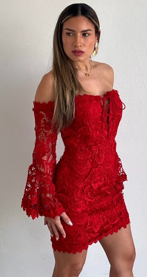 The Moment of Red Off-Shoulder Crochet Dress