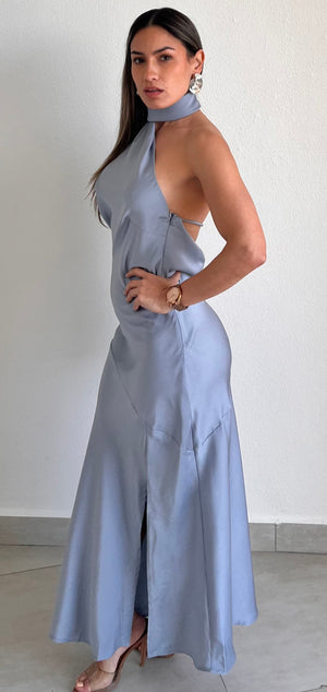 Still the One Light Blue One-Shoulder Satin Midi Dress