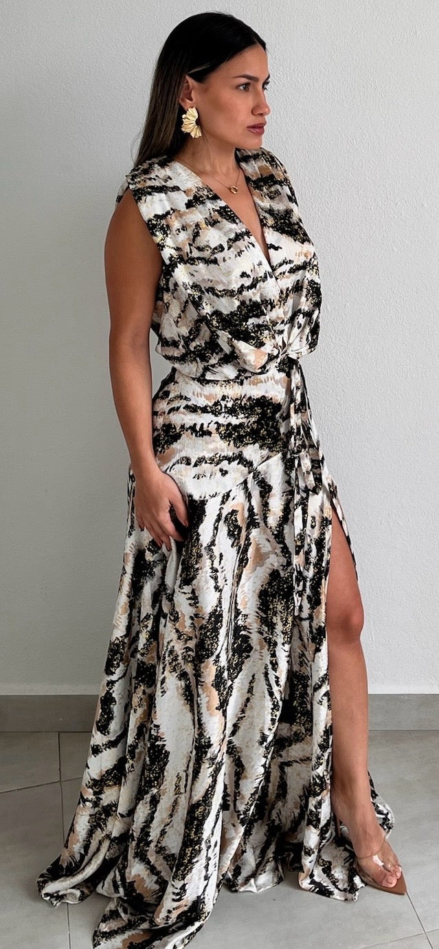 Distinctive Style Satin Print Maxi Dress