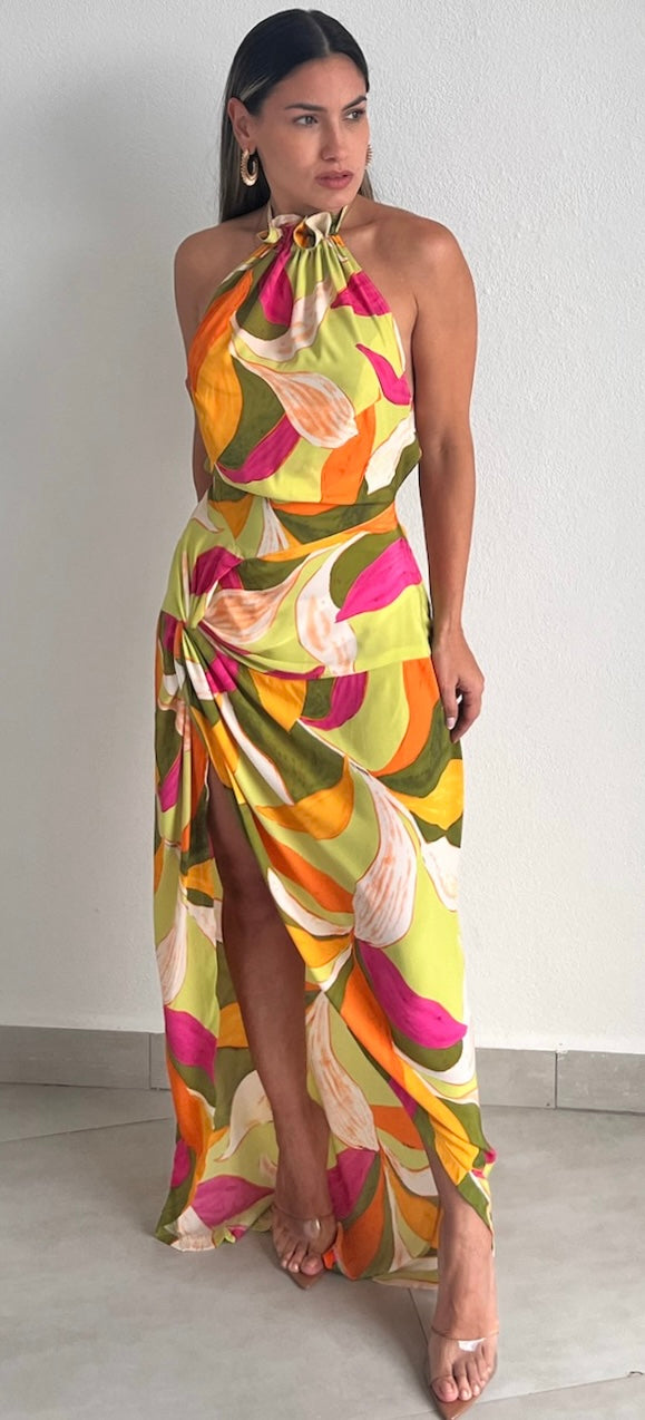 Tropical Essence Halter Print Maxi Dress