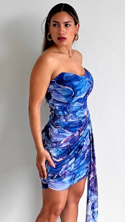 Chic & Marble Blue Print Strapless Dress