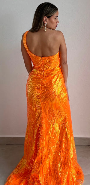 Eye Catching Orange Sequins Formal Gown