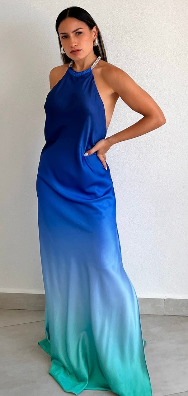 Exceptional Choice Blue Ombré Satin Maxi Dress