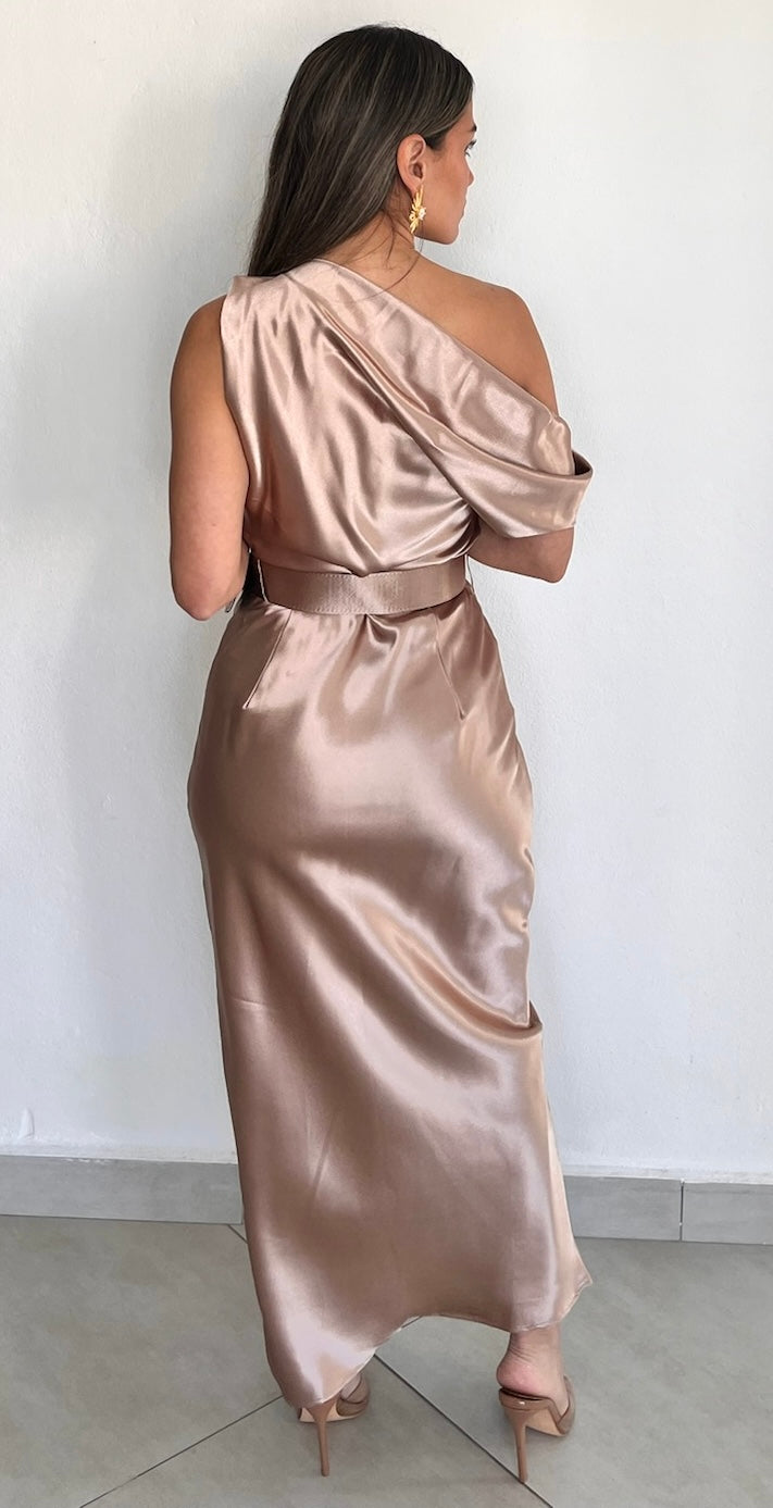 taupe satin midi dress Women's Taupe Chiffon Corset Bandeau Draped Midi Dress