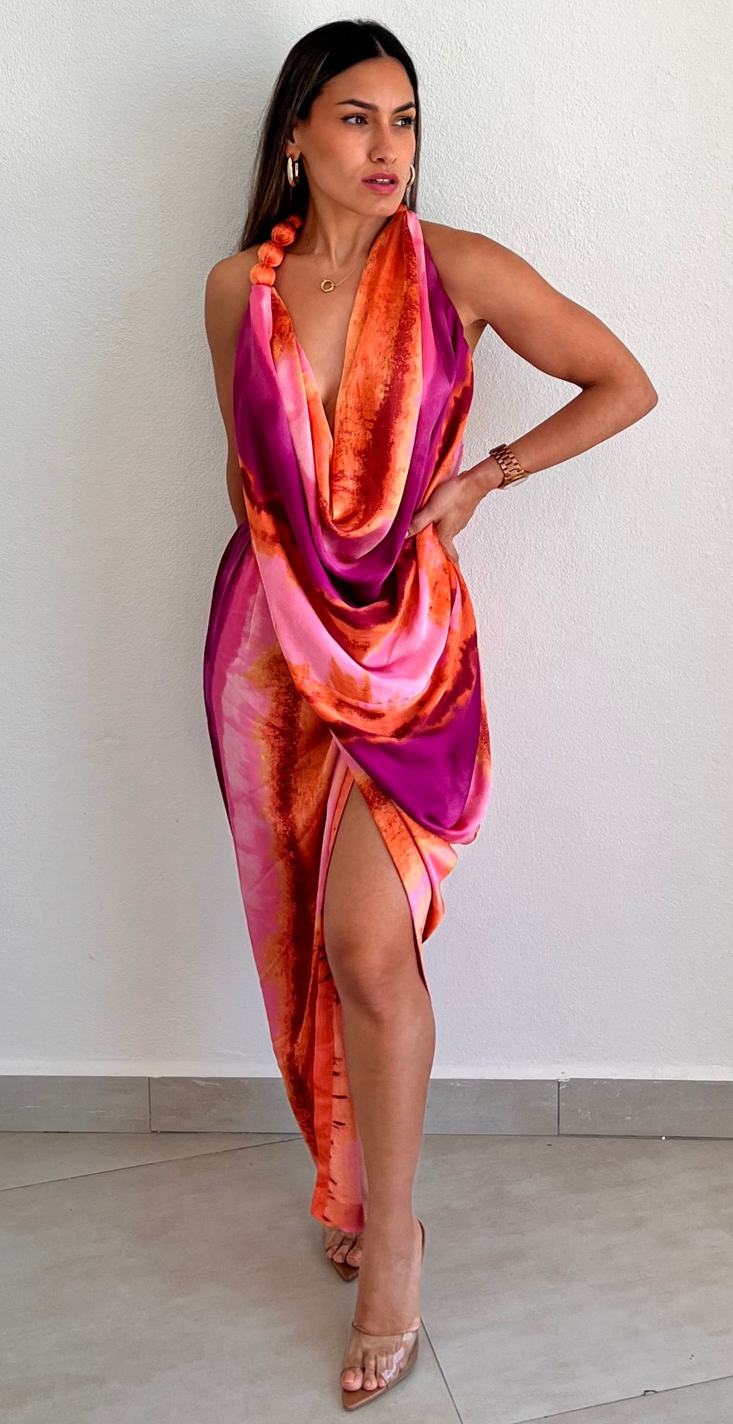 Resort Vibes Pink Print Asymmetrical Midi Dress