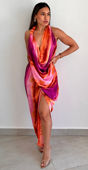 Resort Vibes Pink Print Asymmetrical Midi Dress