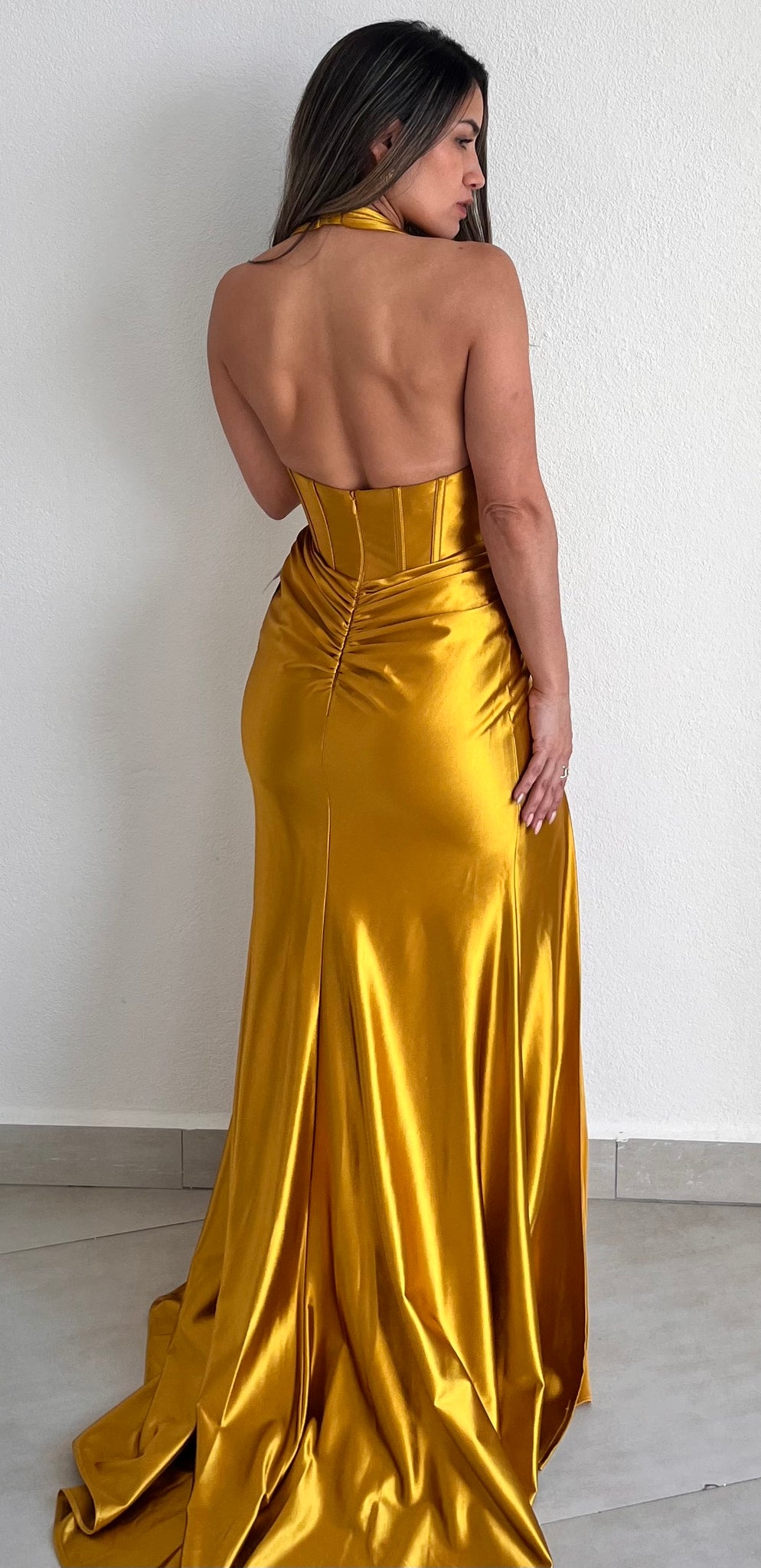 Simply Enchanted Yellow Halter Satin Gown