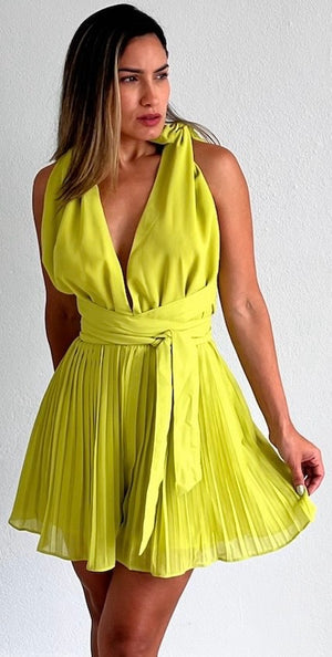 Social Calendar Lime Pleated Romper