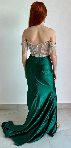 Glamorous Entrance Emerald Rhinestones Off Shoulder Gown