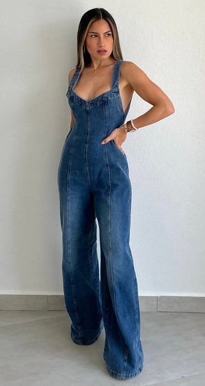 Cool Impression Denim Open Back Jumpsuit