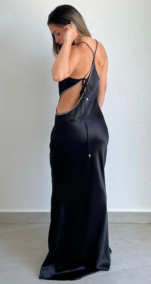 On the Guest List Black Satin Maxi Dress