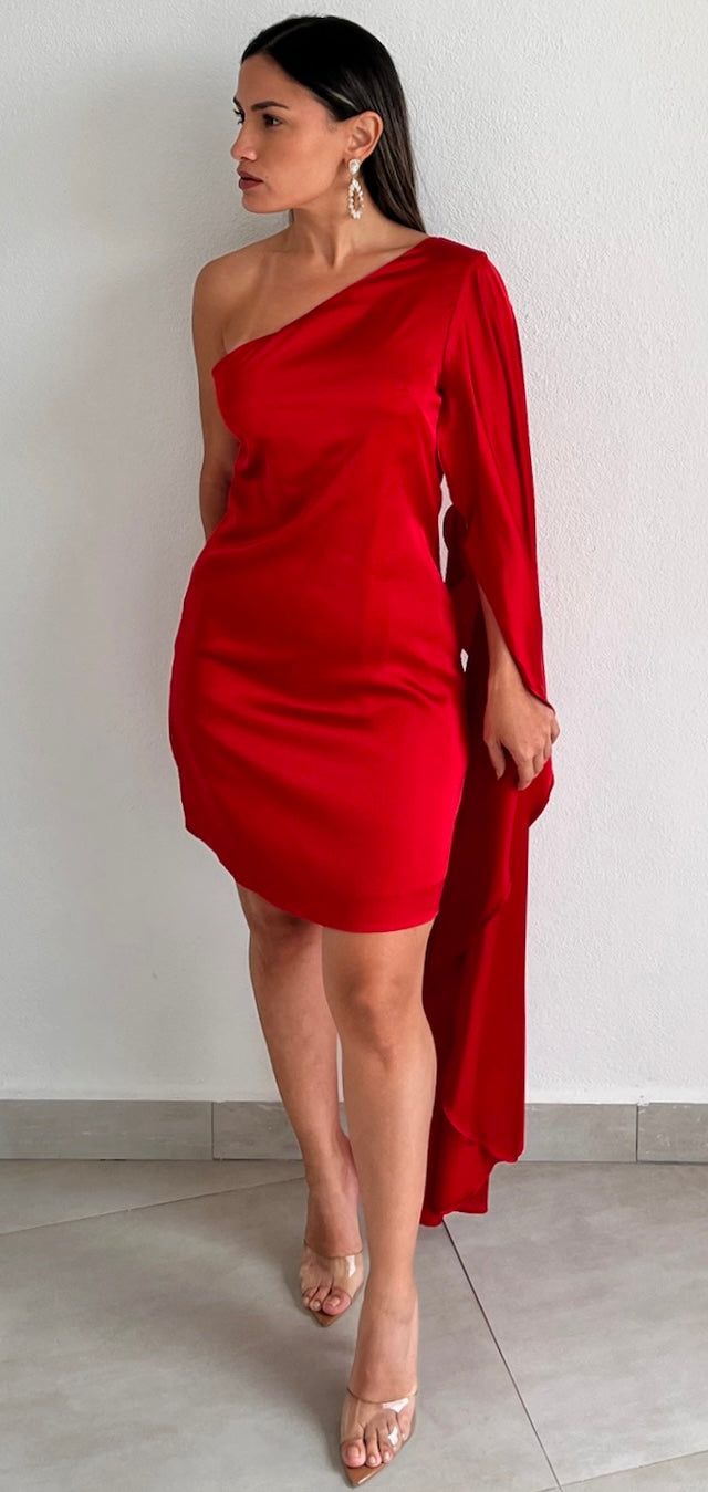 Stylish Cape One-Shoulder Red Dress