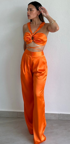 Pur-Suit of Perfection Orange Satin Two-Piece Set