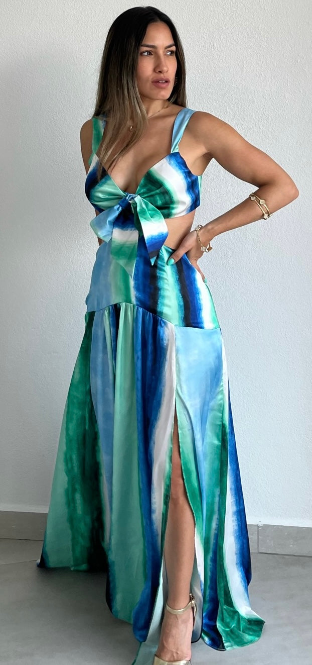 Work of Art Blue Print Satin Maxi Dress