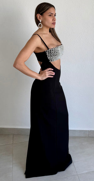 Flirty Luxury Black Pearls Maxi Dress