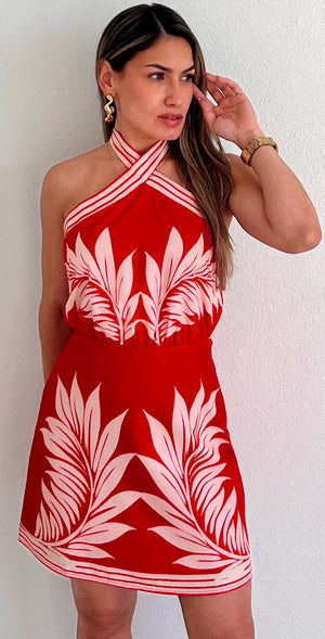 Follow the Summer in Red Tropical Print Dress