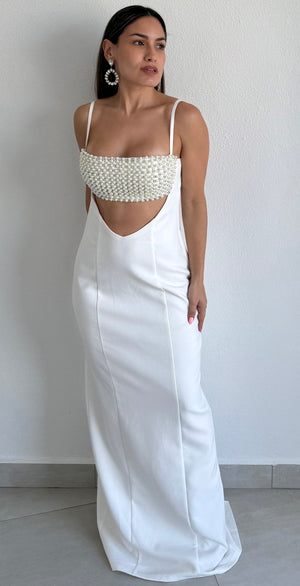 Flirty Luxury White Pearls Maxi Dress