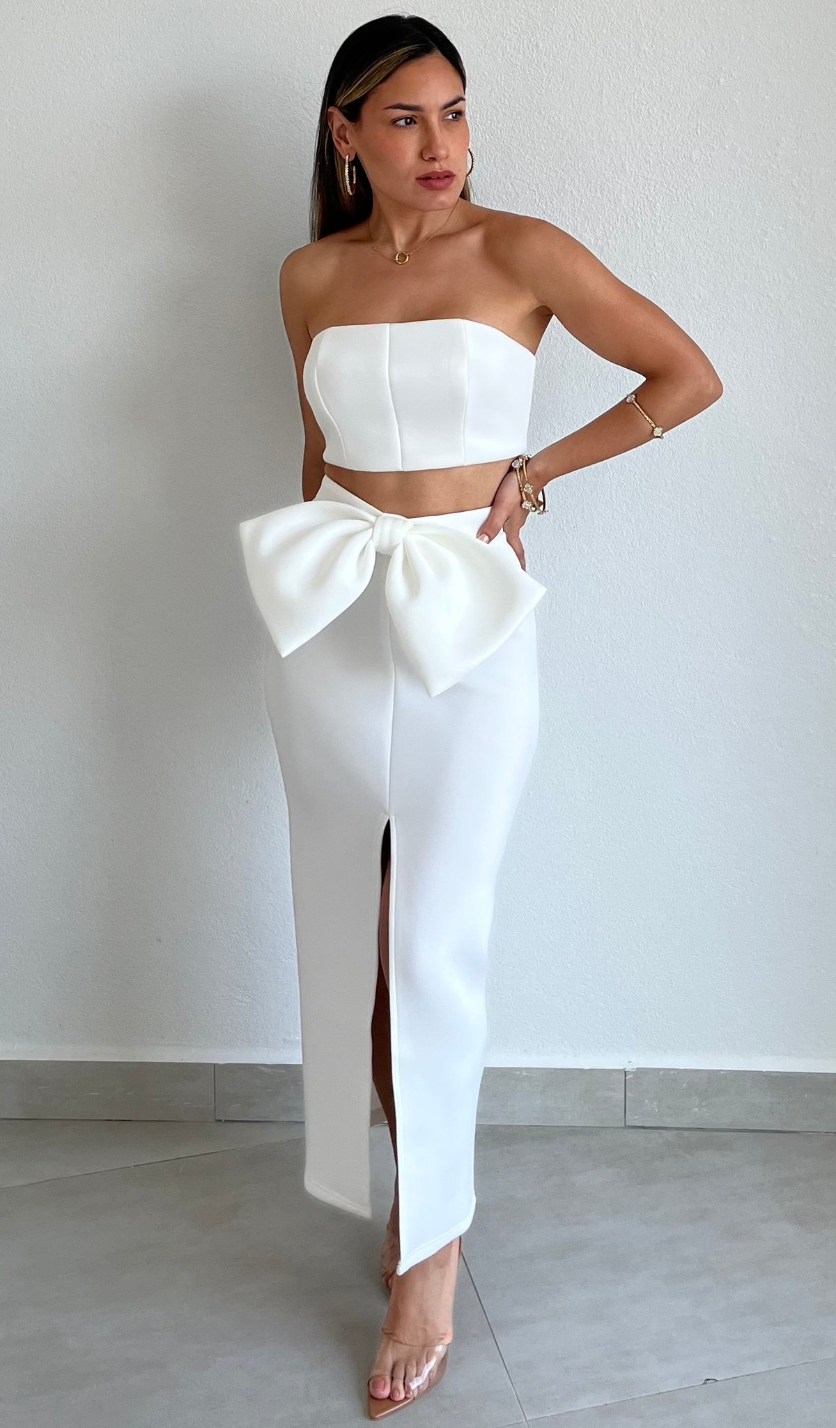 Blissfully Beaming White Bow Two-Piece Set