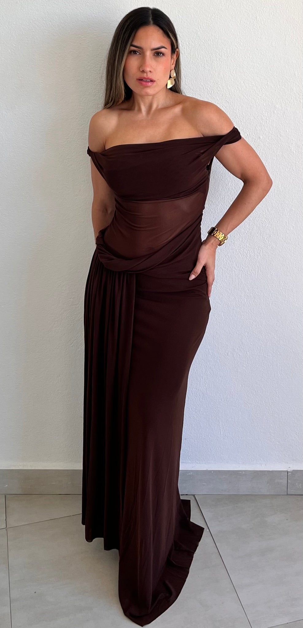 Trendsetting Design Brown Mesh Long Dress