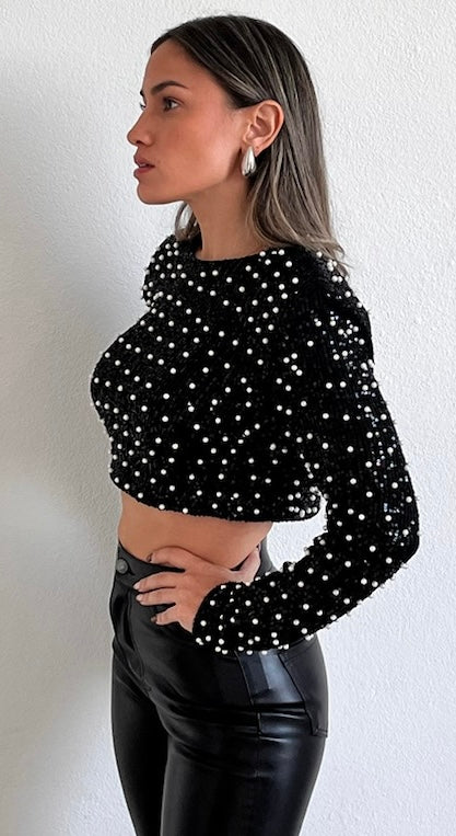 Dazzling Beauty Black Sequins & Pearls Long Sleeve Crop Top