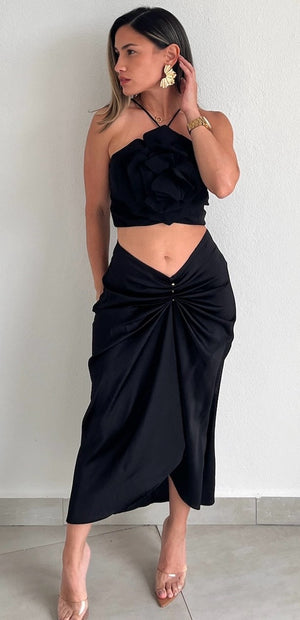 Pleasant Poise Black Satin Midi Skirt