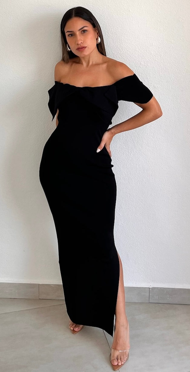 Wow Bow Off-Shoulder Black Midi Dress