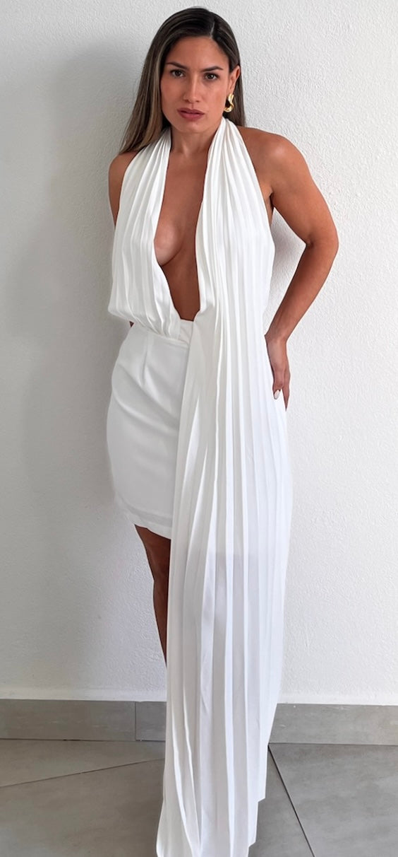 Simply a Stunner White Halter Pleated Dress