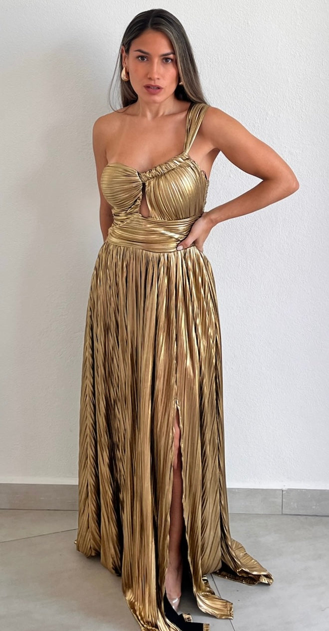 Metallic Glam Pleated Gold Maxi Dress