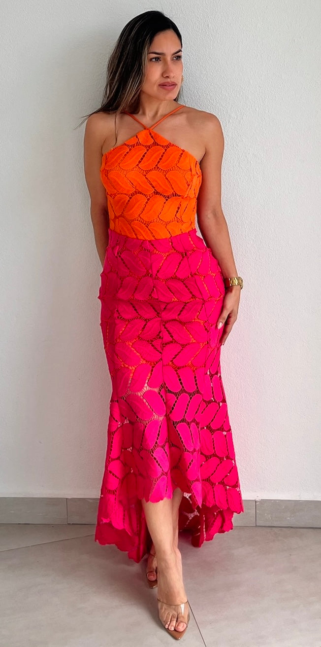 orange crochet midi dress Margaret Orange Floral Crochet Midi Dress, M / Orange