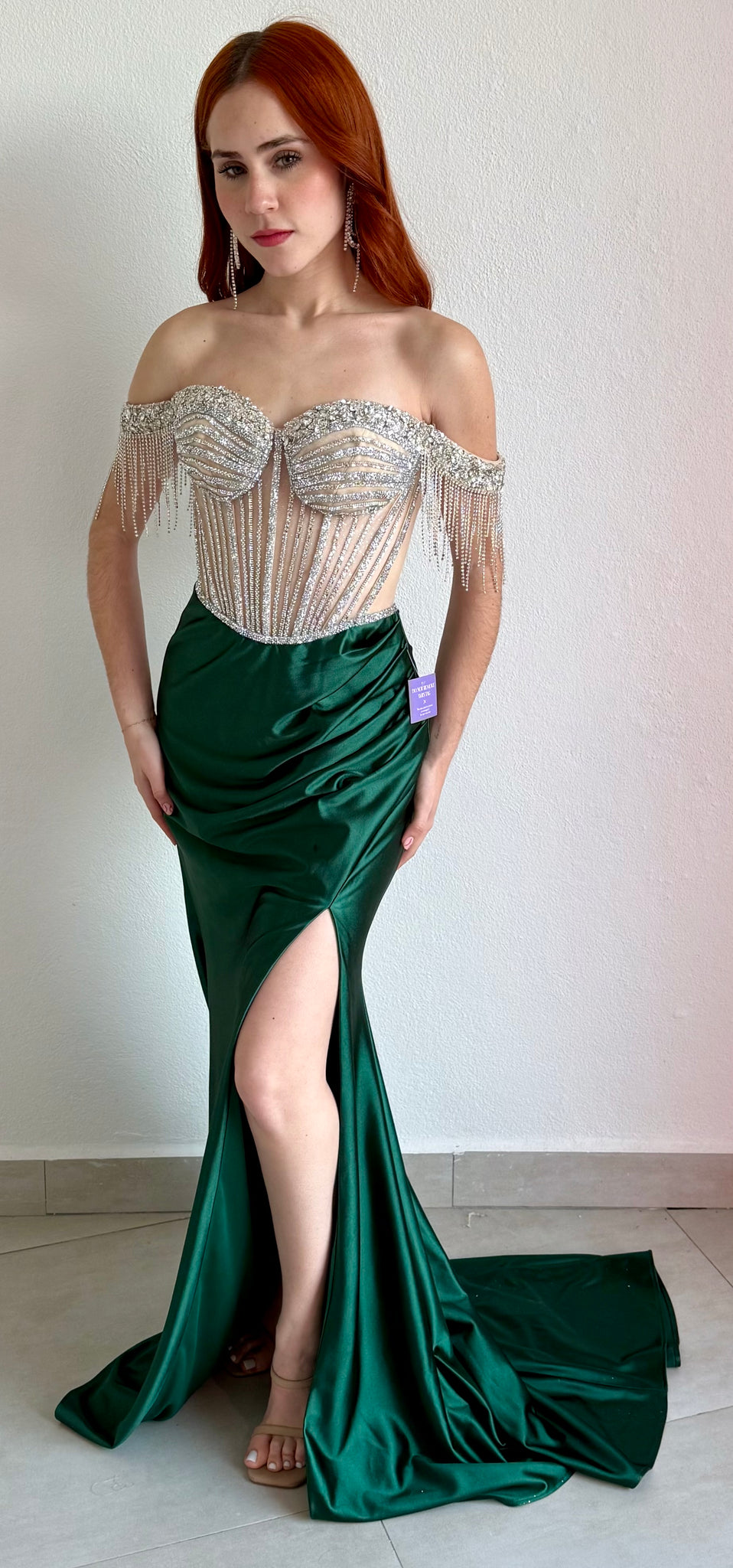 Glamorous Entrance Emerald Rhinestones Off Shoulder Gown