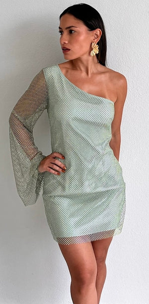 Showstopper One-Shoulder Rhinestones Sage Dress