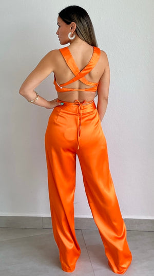 Pur-Suit of Perfection Orange Satin Two-Piece Set