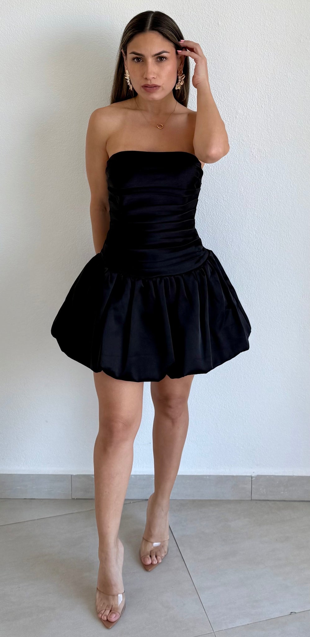 Cute Chicness Black Bubble Satin Mini Dress