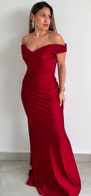 Glamorous Sweetie Off-Shoulder Burgundy Gown