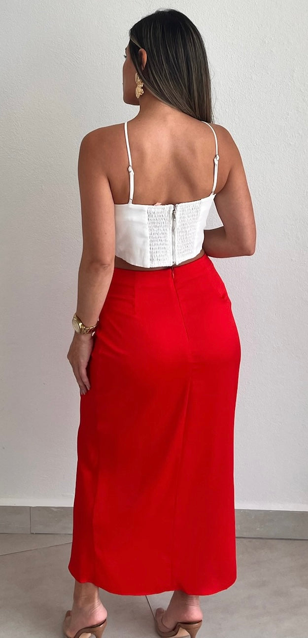 Pleasant Poise Red Satin Midi Skirt