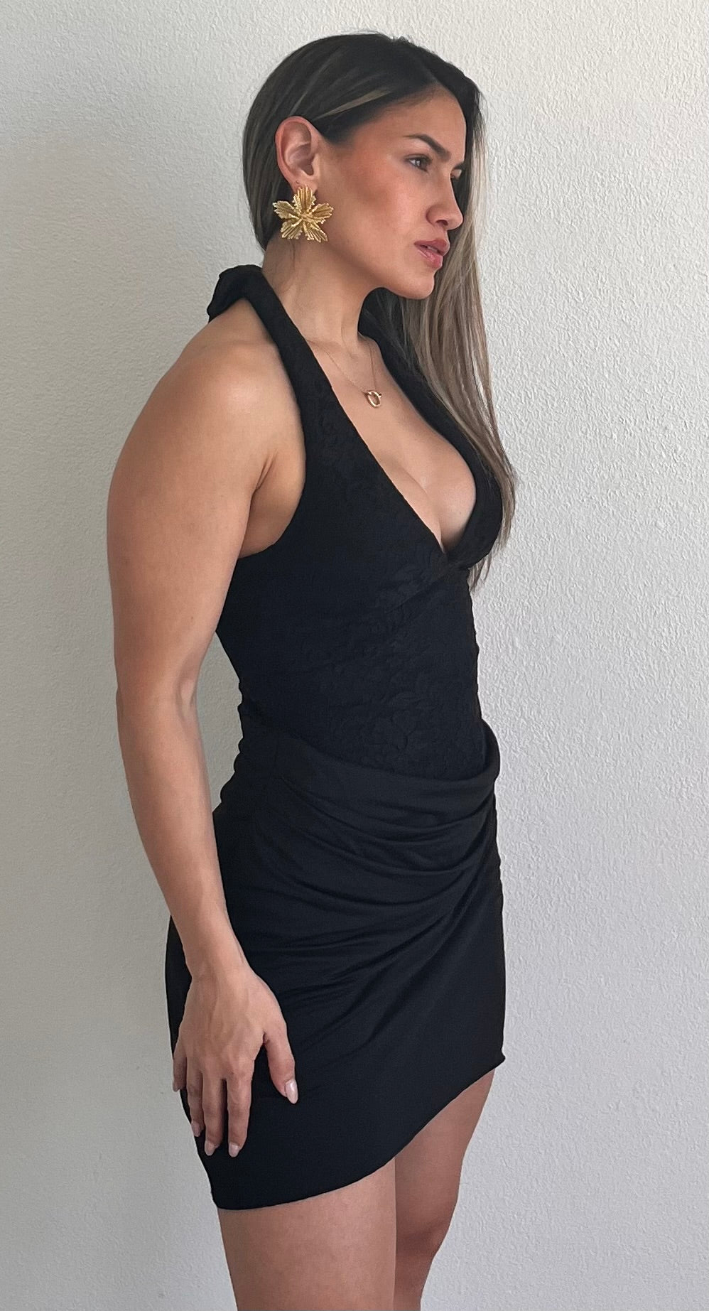 Perfected Finesse Black Lace Halter Dress