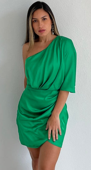 Elegant Poise Green One-Shoulder Satin Dress