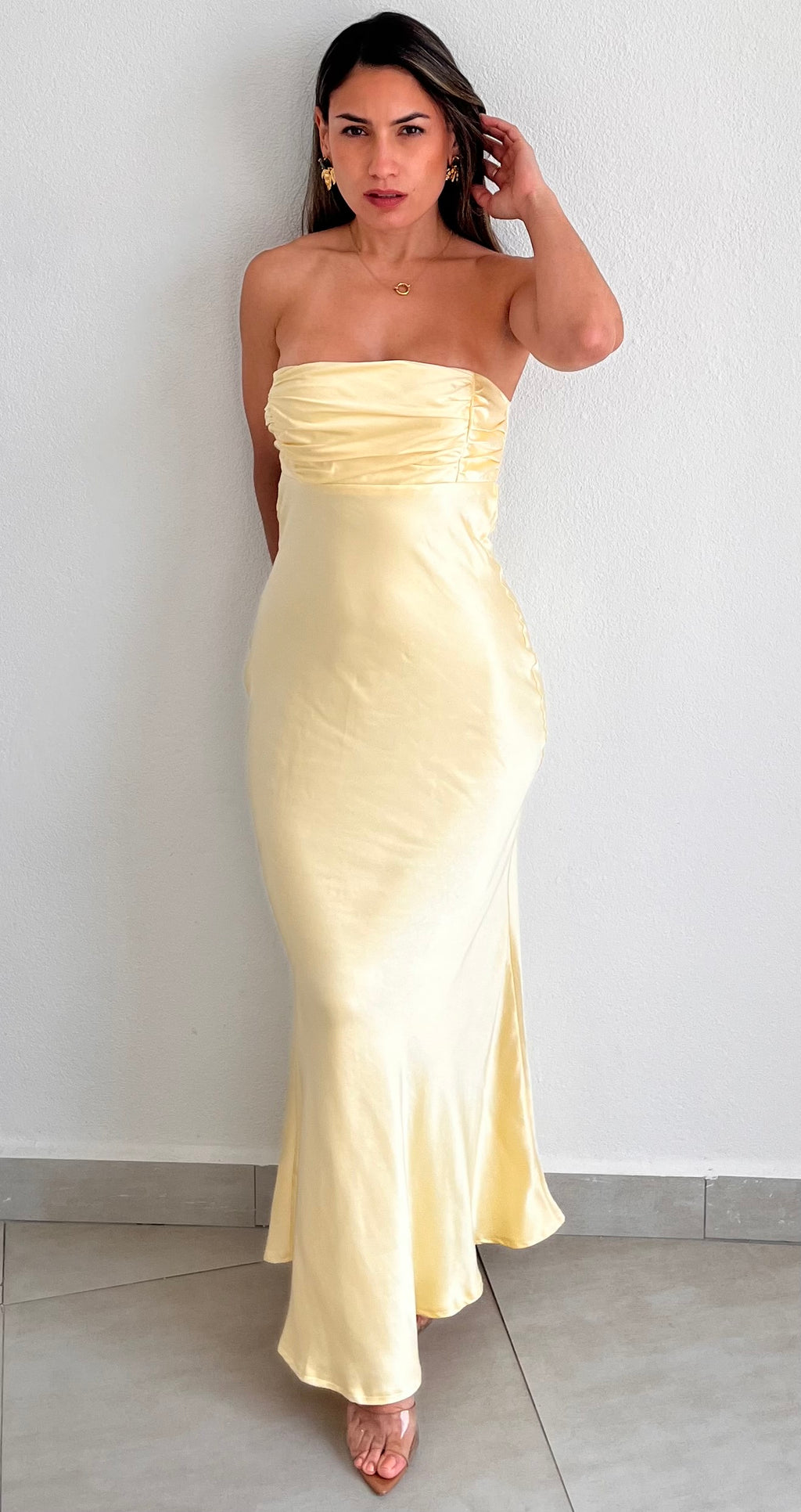 Exquisitely Chic Butter Yellow Satin Long Dress