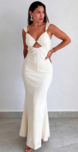 Goddess Style Beige Cut-Out Maxi Dress