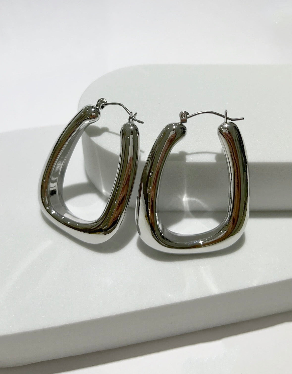 Exceptional Angle Silver Geometric Beveled Hoop Earrings