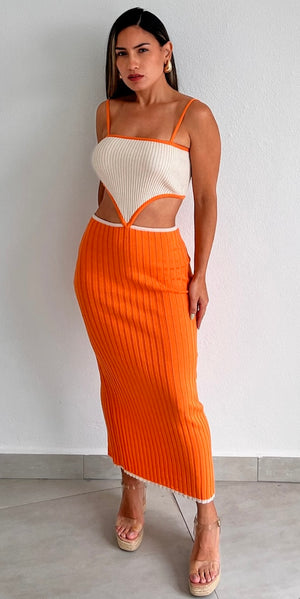 Tropical Dream Orange Knit Midi Dress