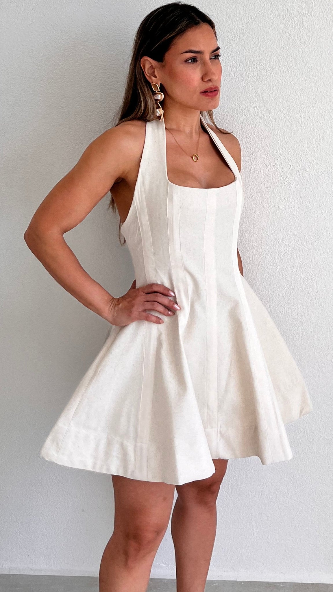 halter skater dress The Éloide Beige Halter Skater Dress – Zil boutique