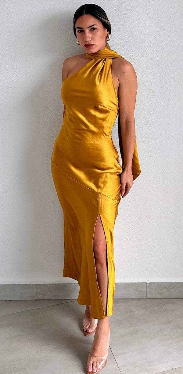 Still the One Mustard One-Shoulder Satin Midi Dress