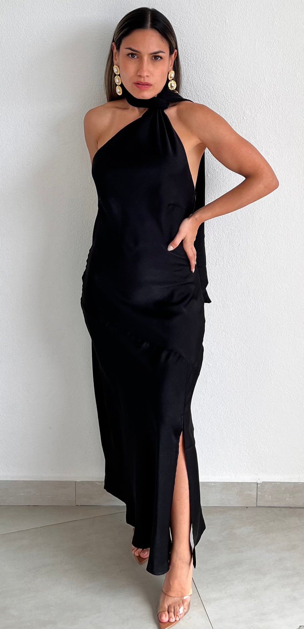 Still the One Black One-Shoulder Satin Midi Dress