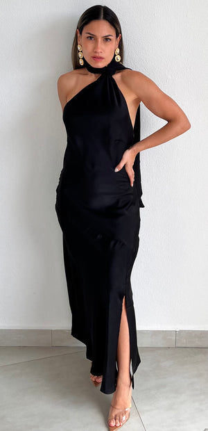 Still the One Black One-Shoulder Satin Midi Dress